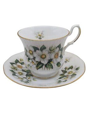 Royal Dover Teacup Saucer Set Bone China Dogwood Floral Ribbed England Vintage